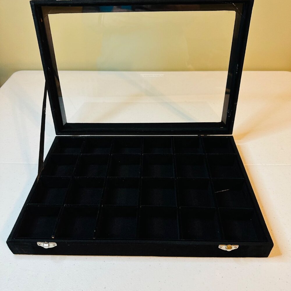 Jewelry Box Adjustable 24 Slot Black Velvet With Glass Lid & Removable Inserts